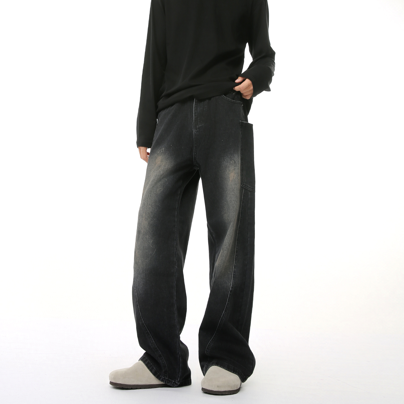 个性设计感多口袋拼接牛仔裤