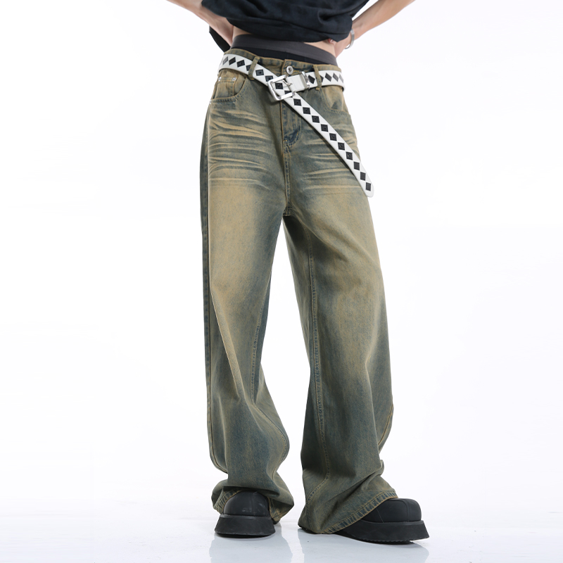 拉链长款复古水洗四季直筒牛仔裤