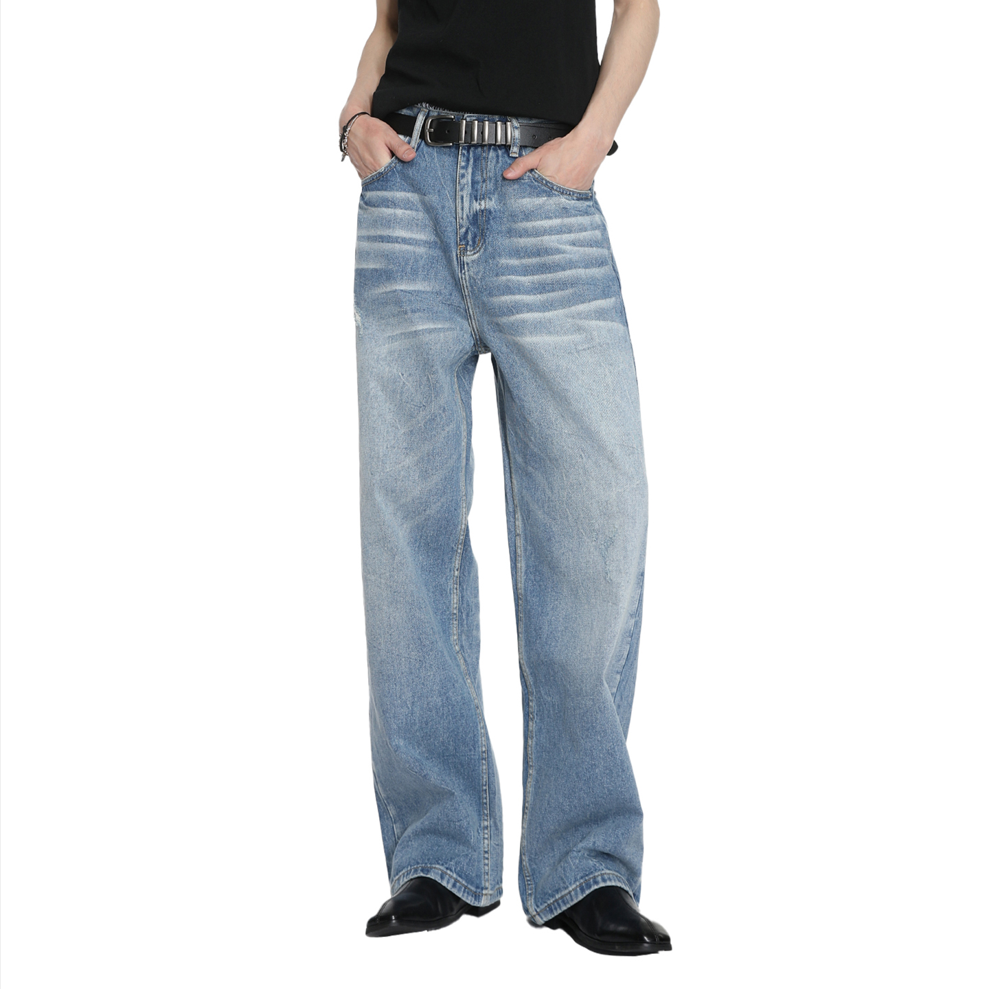 宽松直筒阔腿裤猫须水洗牛仔裤