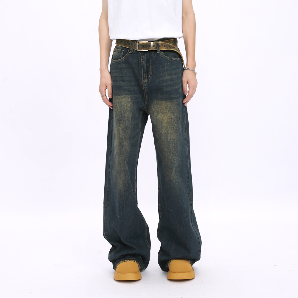 复古水洗做旧蓝牛仔裤中腰