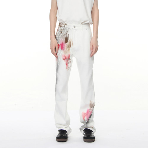 Voguo Relay 原创设计链子涂鸦白色微喇叭牛仔裤韩版百搭休闲