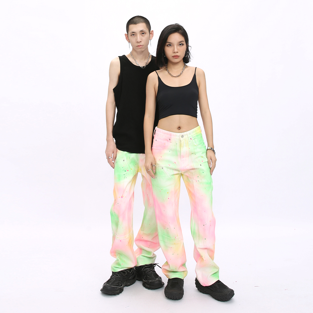 Voguo Relay 多巴胺彩色牛仔裤原创设计泼墨宽松直筒工装长裤男女