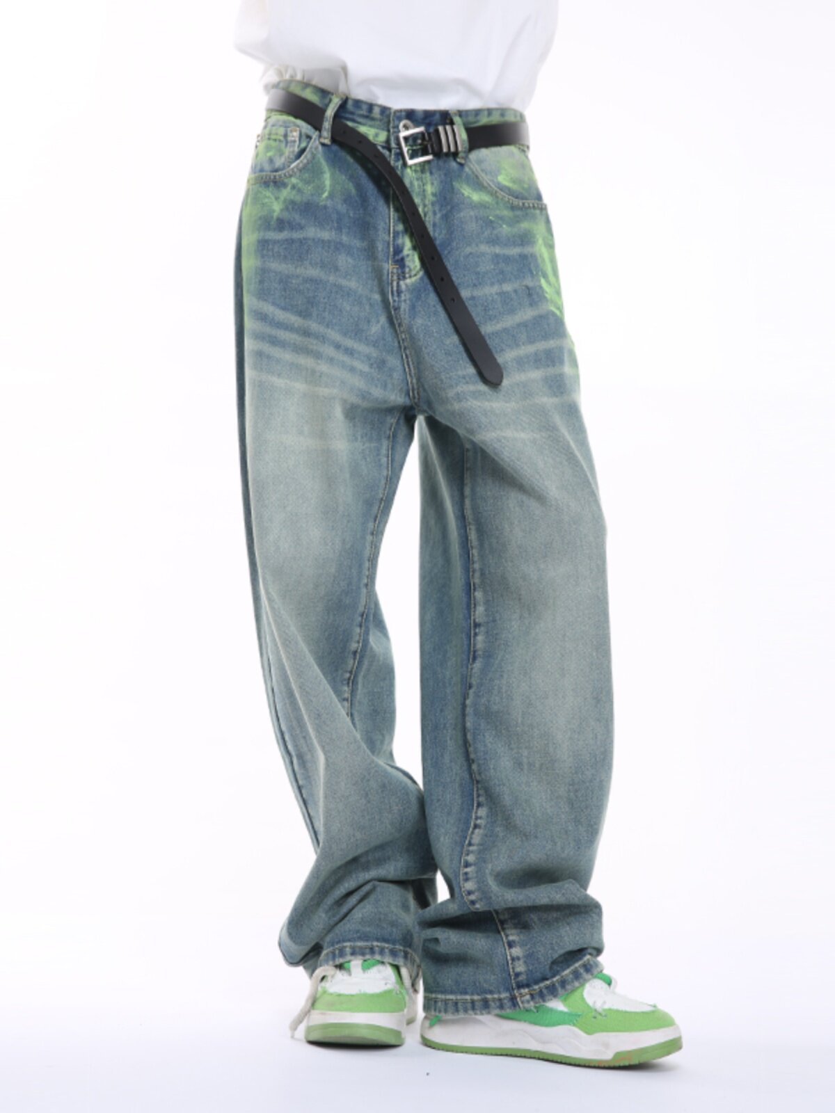 VOGUO RELAY NICHE DESIGN PAINTED DIRTY PANTS KOREAN STREETWEAR LOOSE STRAIGHT-LEG GRAFFITI JEANS