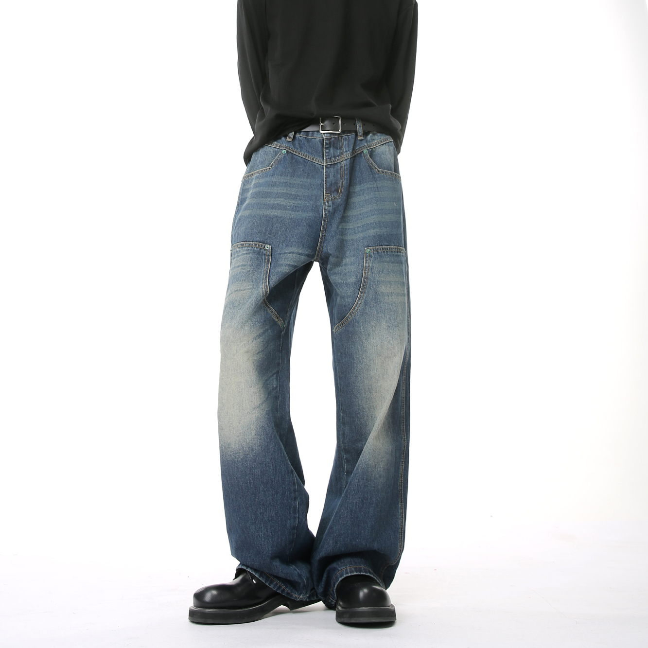 韩风复古原创解构拼接牛仔裤