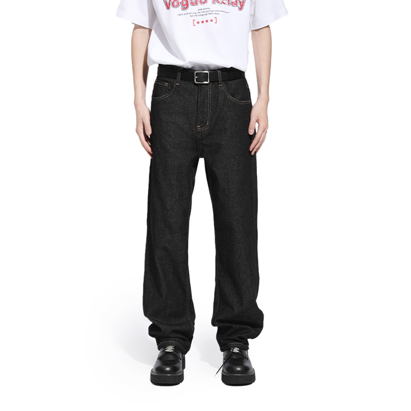 Voguo Relay 原色基础款牛仔裤男女中腰显示宽松休闲直筒裤长裤