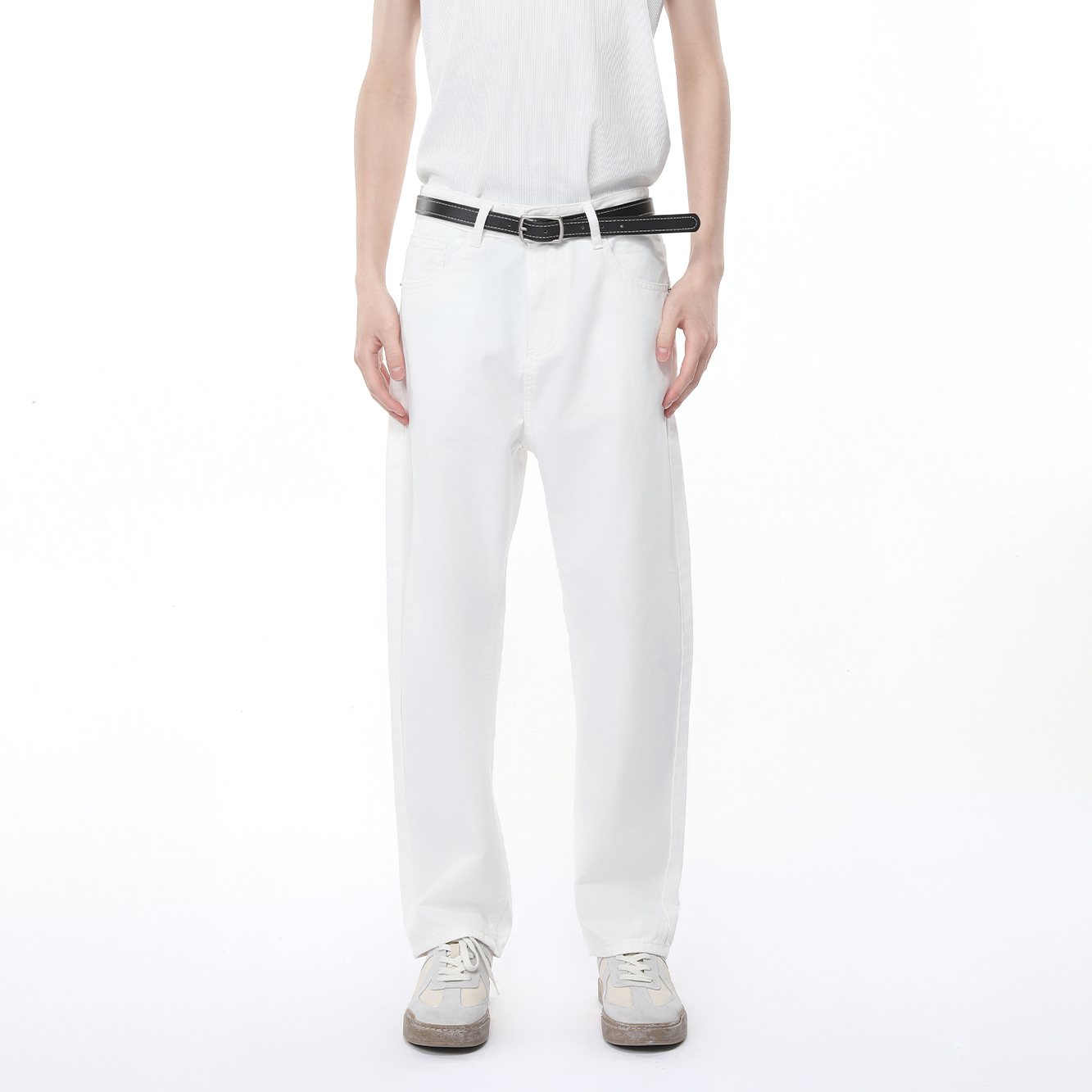 Voguo Relay 水洗白色休闲9分牛仔裤韩版cleanfit中腰宽松直筒裤