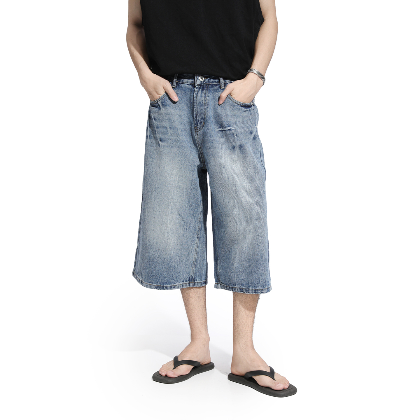 Voguo Relay 复古闪电纹扎花牛仔短裤街头潮情侣装宽松裤腿7分裤