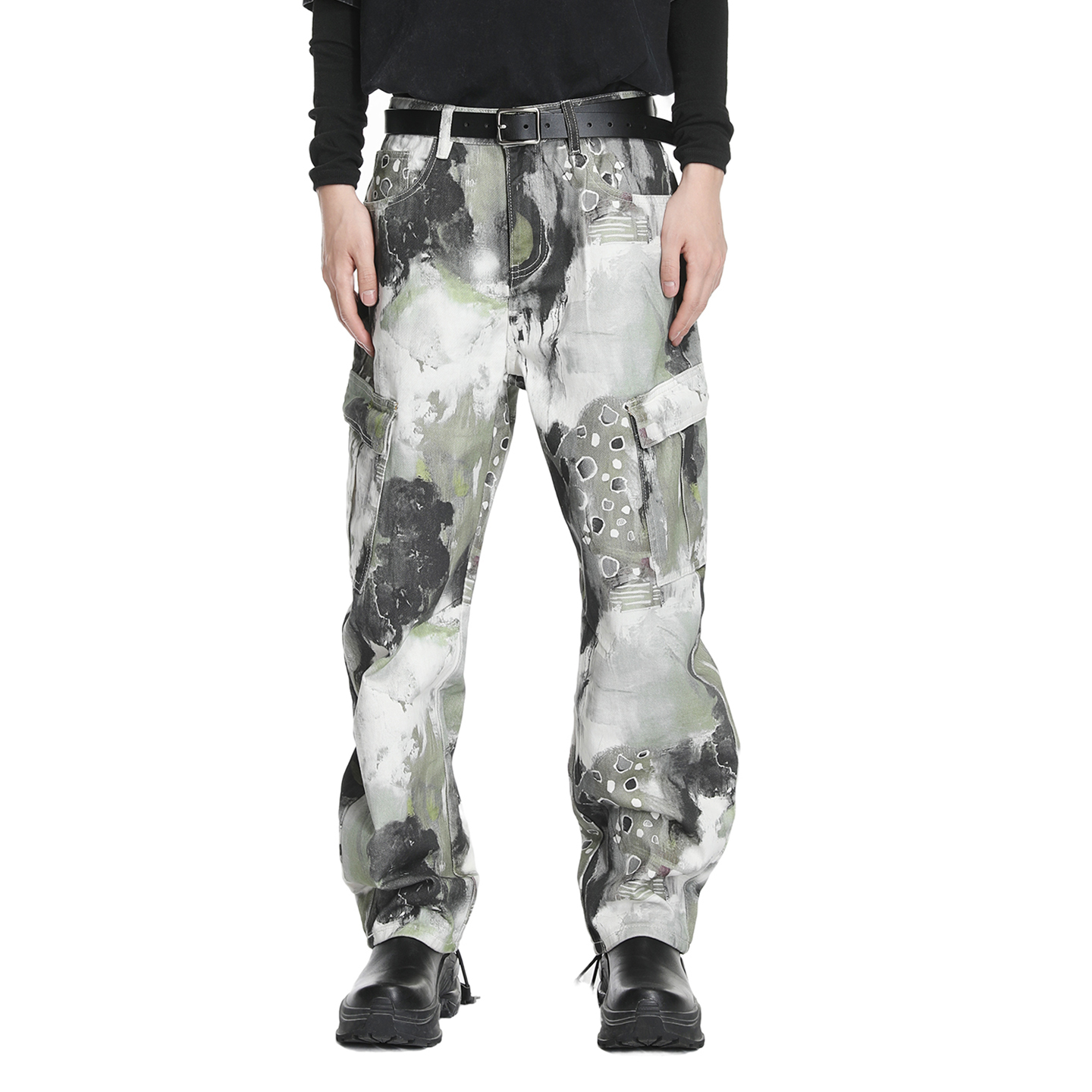 墨韵迷彩宽松直筒中腰牛仔裤