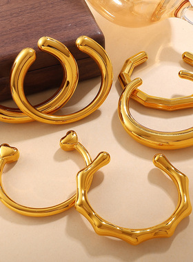 熹薇森林欧美跨境夸张重工爱心光面手镯不锈钢镀18K金C形开口