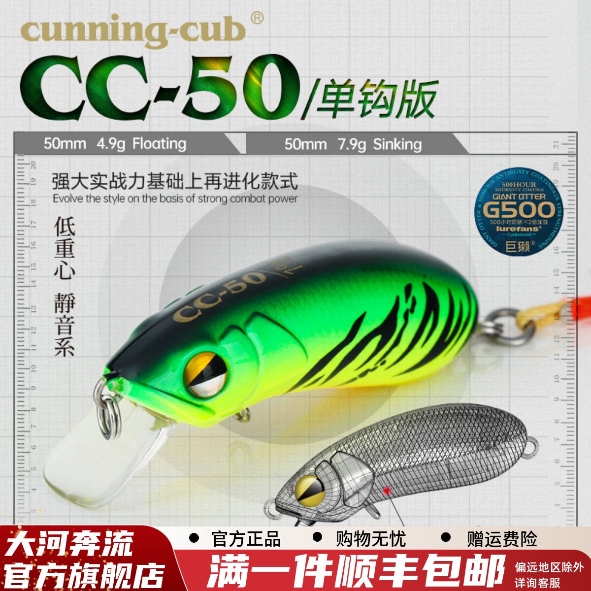 大河奔流路亚发烧友罗非鳜鱼军鱼摇滚小胖子路亚饵硬饵CC50单钩版