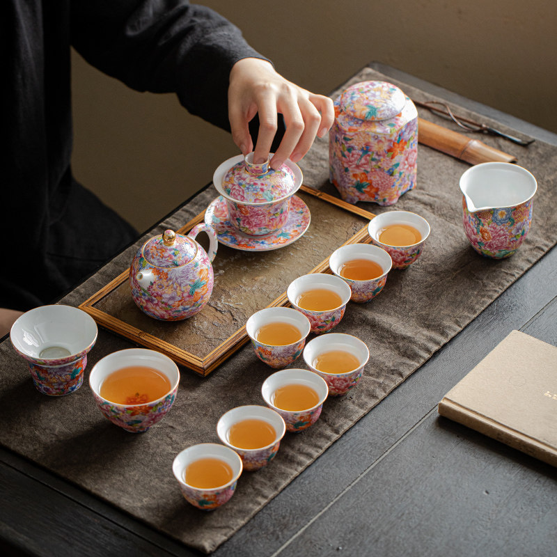 中式珐琅彩功夫茶具套装家用办公室泡茶壶盖碗茶杯轻奢高档礼盒装,餐饮具,功夫茶具,淘宝优惠券,粉丝福利购,淘宝优惠卷