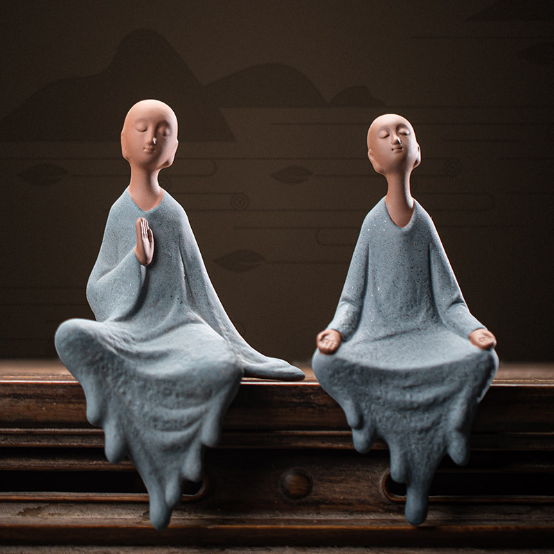 中式紫砂小和尚茶宠摆件禅意佛系陶瓷茶桌书房装饰品盆栽园艺造景