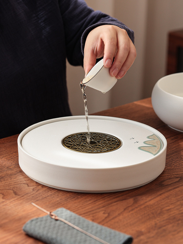 陶瓷圆形茶盘家用储水式简约托盘小型干泡台茶海沥水盘功夫茶具