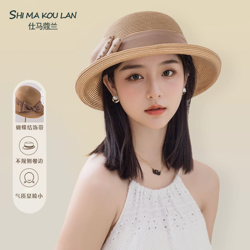 法式复古夏季蝴蝶结海边草帽潮流沙滩渔夫帽帽子可折叠防晒遮阳帽