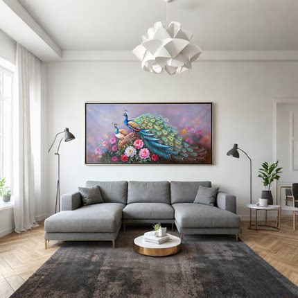 大芬村手绘油画孔雀花卉牡丹客厅装饰画中式有框立体挂画支持定制