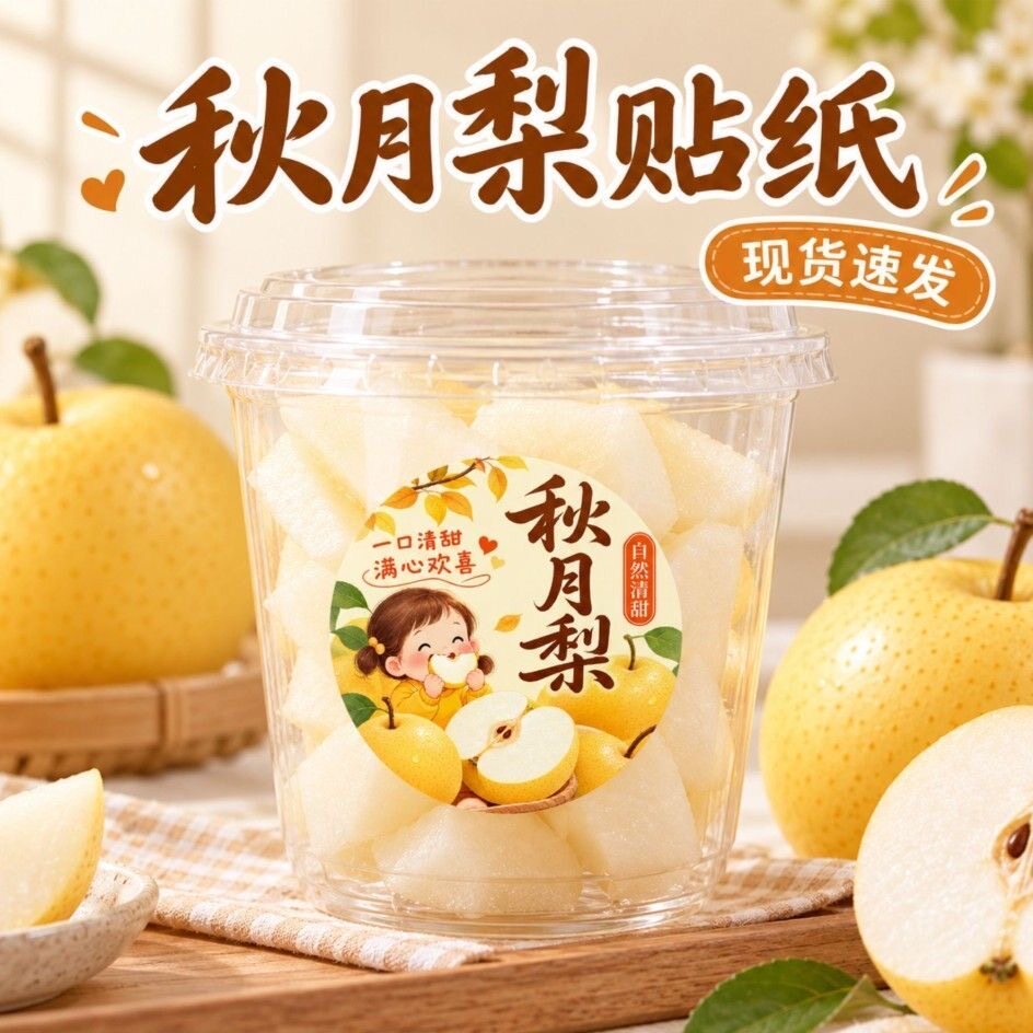 秋月梨不干胶贴纸生鲜梨子包装盒封口贴定制标签现货速发