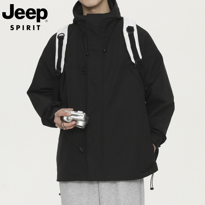 Jeep吉普冲锋衣男款春秋单层外套户外防风防水连帽登山机能风夹克
