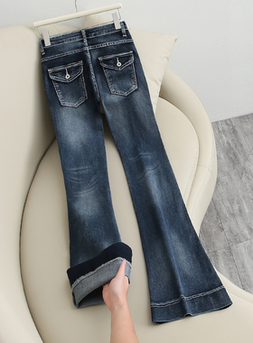 美式复古微喇牛仔裤女辣妹时髦小个子高腰修身显瘦弹力拖地长裤