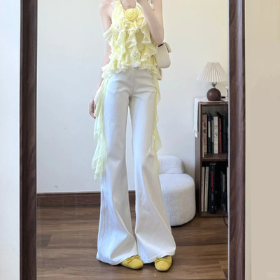 白色微喇牛仔裤女夏新款低腰显瘦