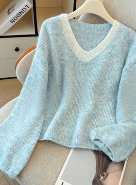 温柔风假两件V领针织衫女蓝色显瘦软糯长袖上衣时髦减龄宽松毛衣