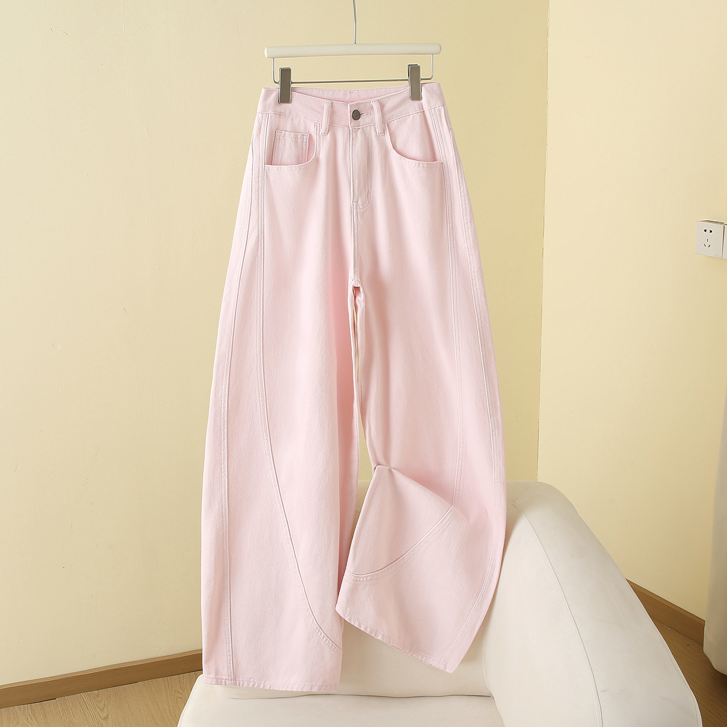 粉色高腰拖地阔腿牛仔裤女2026春季辣妹简约宽松垂感弯刀裤休闲裤,女装/女士精品,牛仔裤,淘宝优惠券,粉丝福利购,淘宝优惠卷