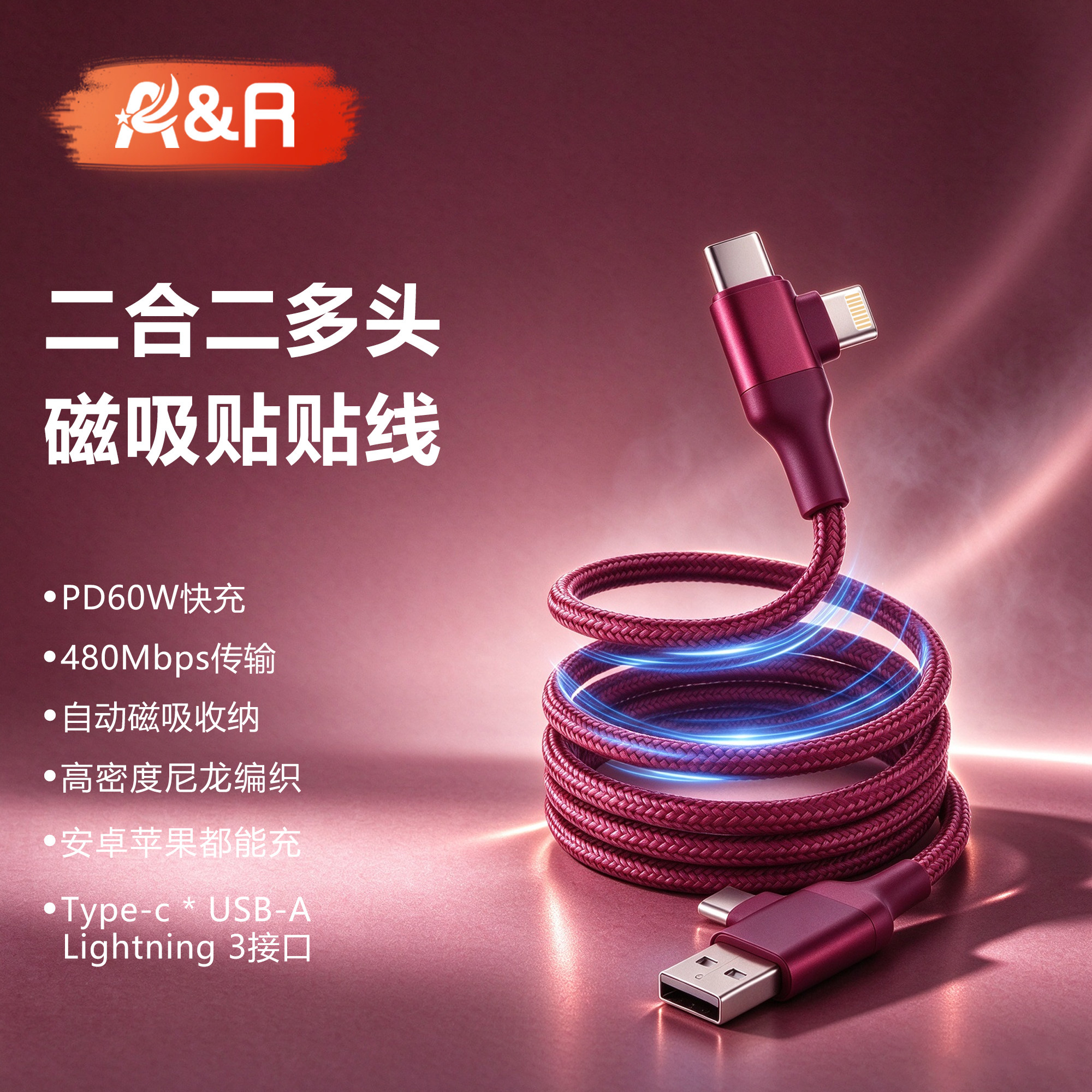 AR二拖二60W快充磁吸弯头数据线双Type-C头适用iPhone18pro17苹果1314小米华为安卓手机PD闪充4合1车载收纳线