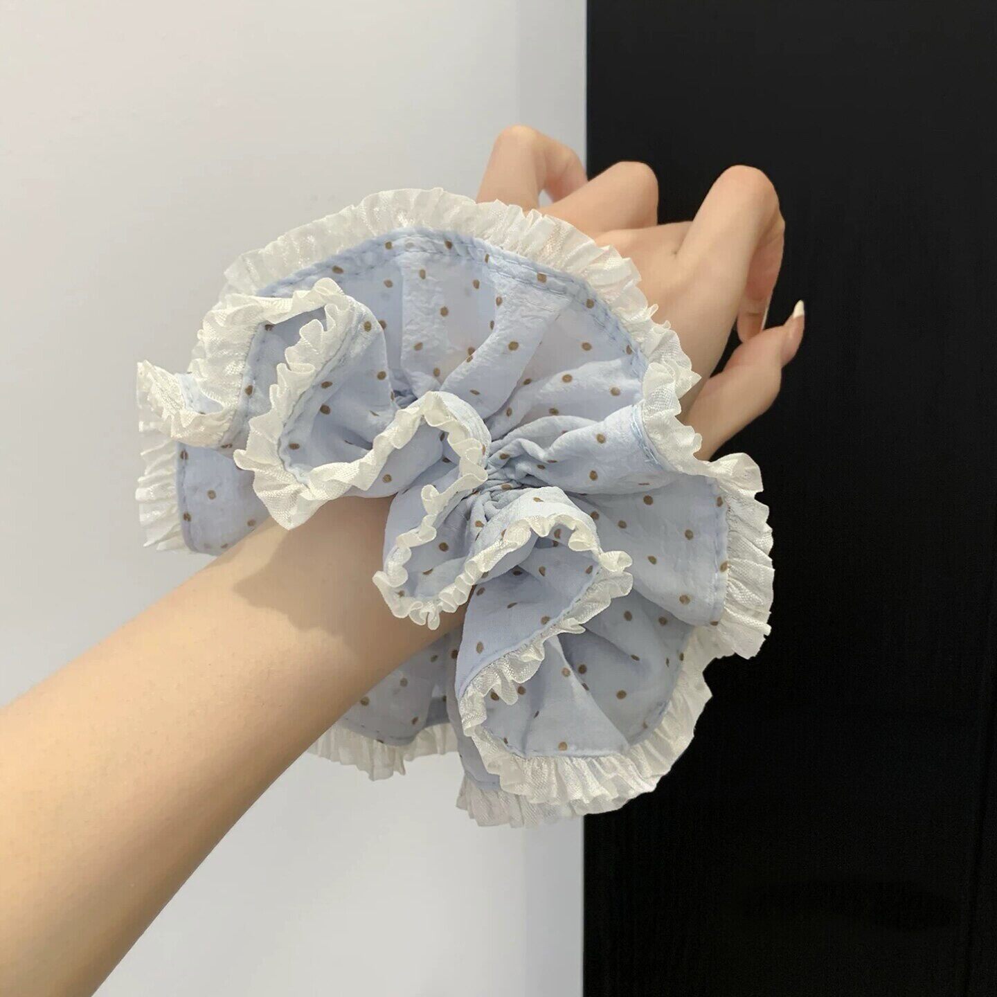 韩系蓝色波点双层大肠发圈女高级感丸子头扎头发超大发饰头绳头花图片