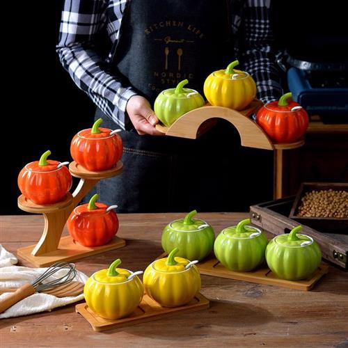 家用陶瓷味精罐子辣椒油有盖盒绿色调味罐盐罐糖罐厨房调料组