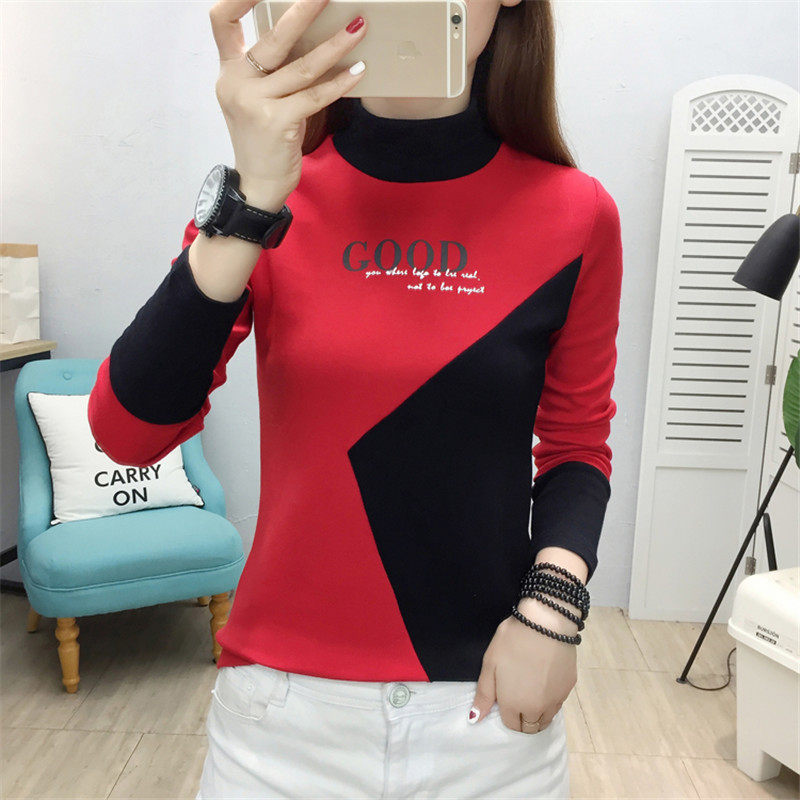 秋冬半高领内搭打底衫女修身红色圣诞保暖女士长袖t恤上衣服元旦