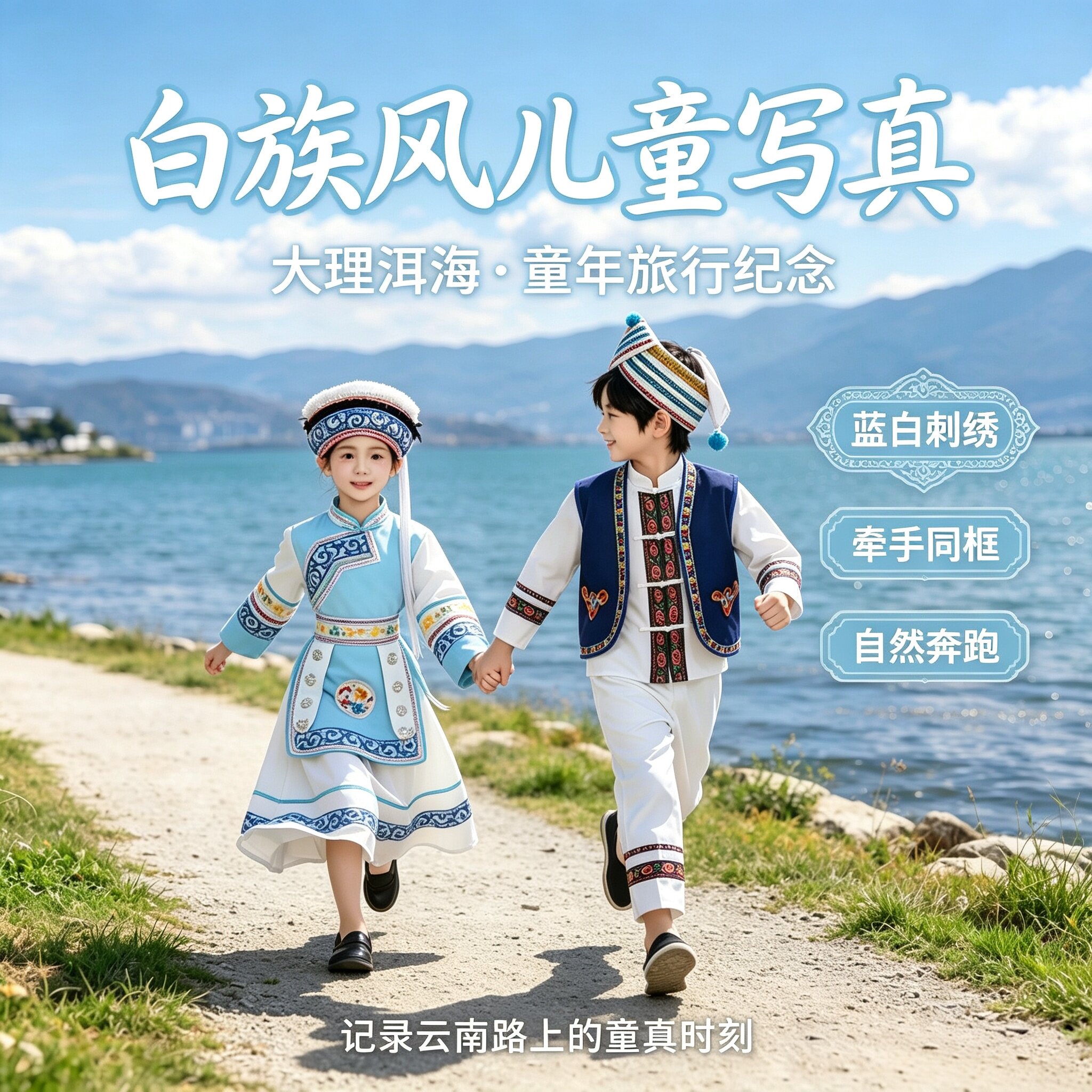 新款儿童云南白族服装民族风演出服男女童刺绣蓝白七朵金花表演服