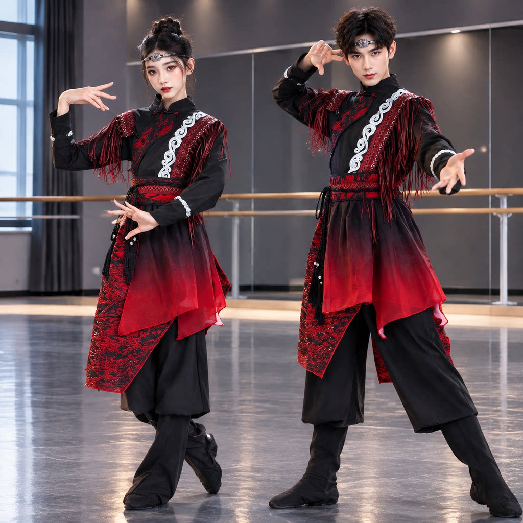 新款黑红流苏蒙古舞蹈服狂骉剧目赛马艺考男女元旦汇演民族表演服