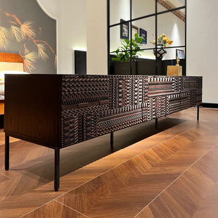 复古电视柜实木收纳储物柜一体轻奢高级感小户型家用落地黑色边柜