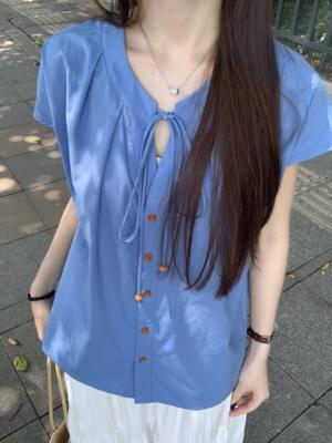 蓝色领口系带小飞袖衬衫女夏季日系复古文艺甜美减龄百搭休闲短袖