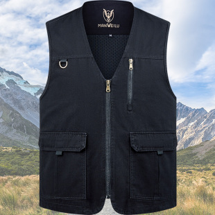 多口袋拉链马甲爸爸爷爷纯棉坎肩宽松大码 上衣 透气马夹中老年男士