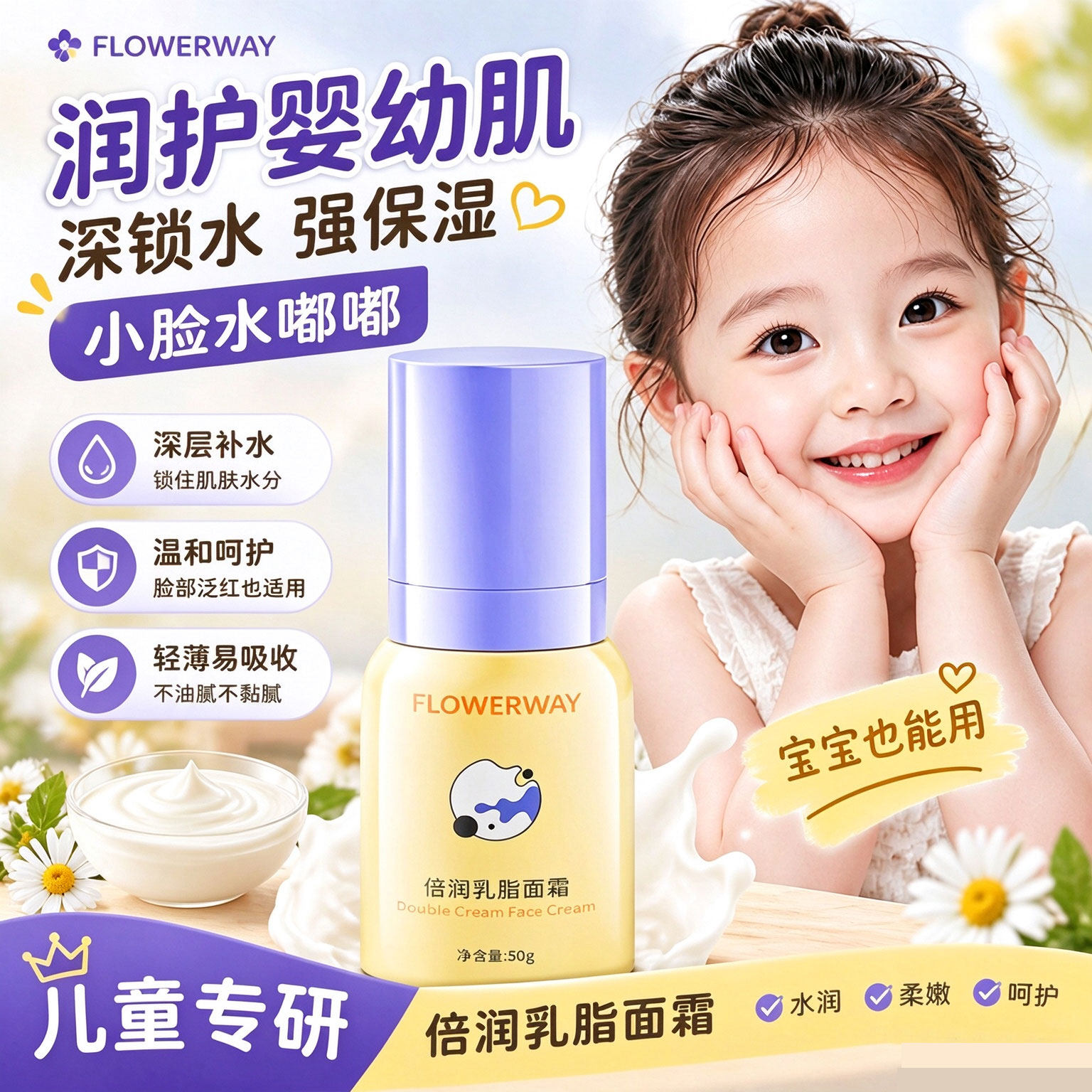 FLOWERWAY倍润乳脂面霜补水保湿滋润婴幼儿童面霜秋冬宝宝专用