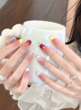 【清甜法式】彩虹多巴胺显白渐变腮红气质假指甲美甲贴手工穿戴甲