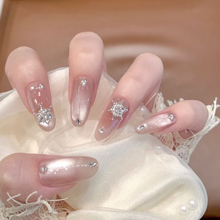 【明镜台】冬日氛围感裸色追光猫眼爆闪碎钻雪花美甲纯手工穿戴甲