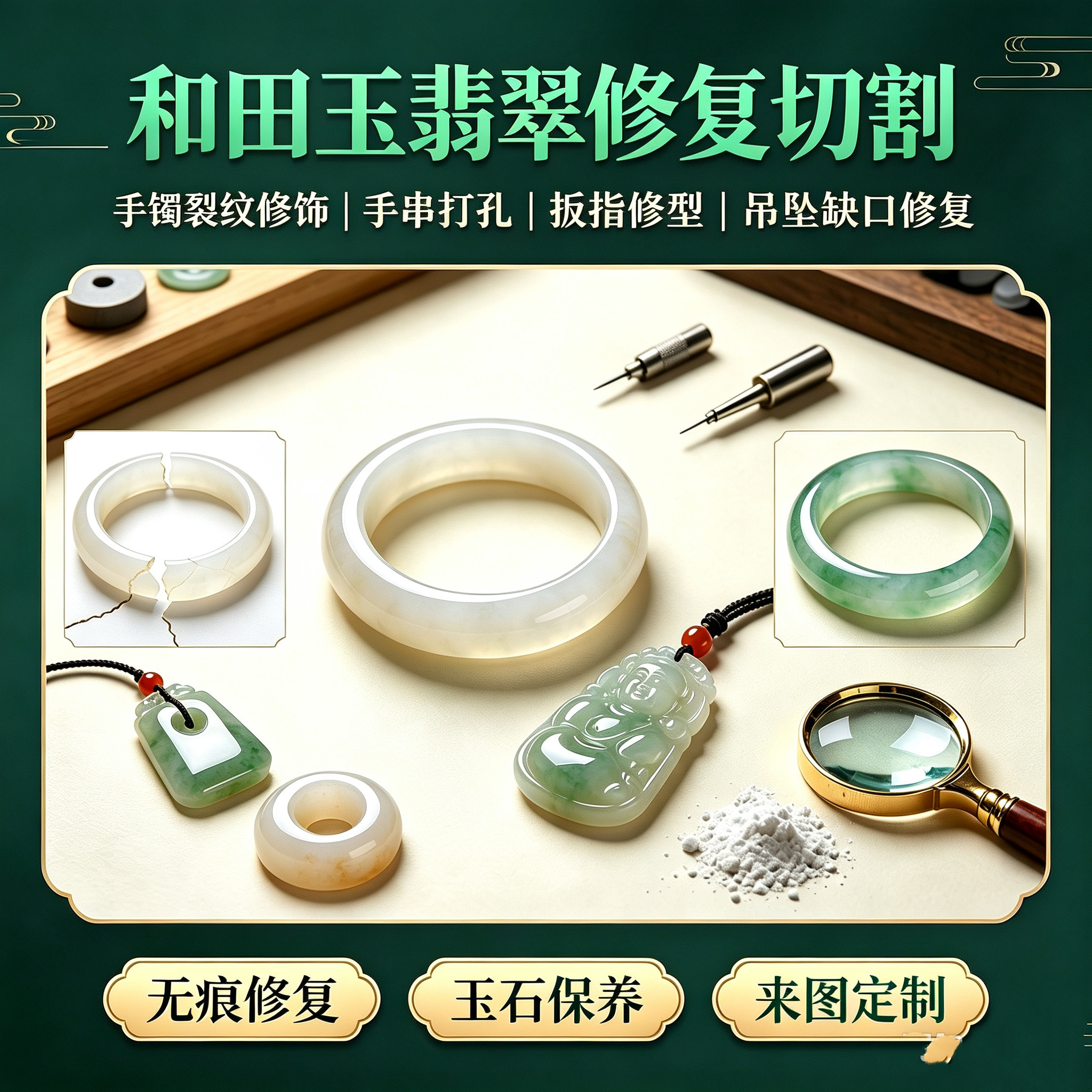 专业玉器修复玉石切割雕刻手镯裂纹手串打孔扳指挂件配饰吊坠磕口