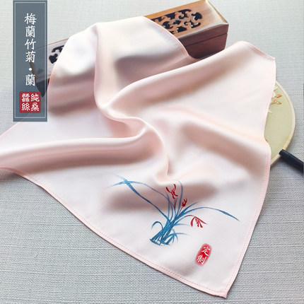 素帛无香桑蚕纯真丝手绘兰花中国古风吸汗柔软天然手绢帕方巾扎发