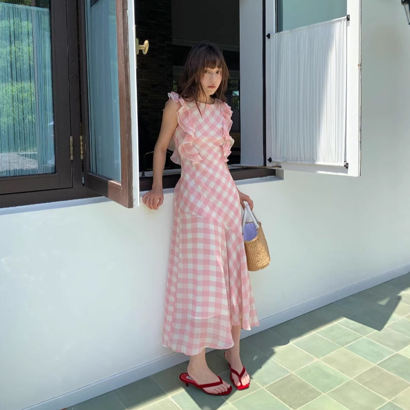 new open 十三行夏款25夏法式甜美可爱格纹收腰荷叶边鱼尾连衣裙
