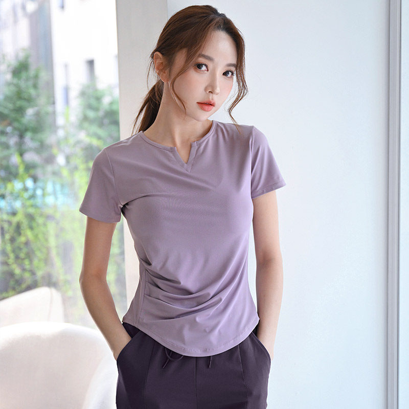 瑜伽T恤女速干晨跑步时尚V领短款弹力透气修身显瘦运动健身服上衣