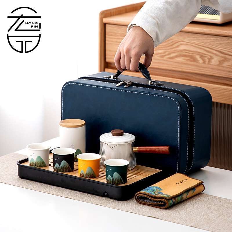 便携式创意户外千里江山旅行茶具套装侧把壶陶瓷高档复古礼品茶具