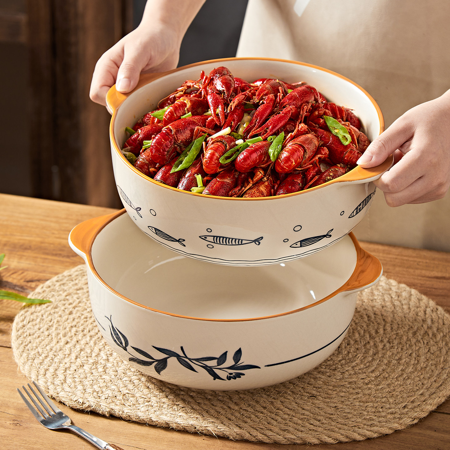 中式双耳釉下彩汤碗陶瓷碗碗具碗家用大碗大容量大汤碗碗家用陶瓷,餐饮具,碗,淘宝优惠券,粉丝福利购,淘宝优惠卷