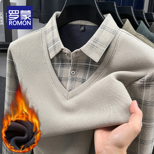 打底衫 罗蒙秋冬季 2025新款 加绒加厚保暖针织衫 线衣 假两件毛衣男士