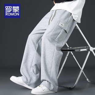 罗蒙男士阔腿工装休闲裤男款春季直筒宽松男裤系绳多口袋纯色长裤