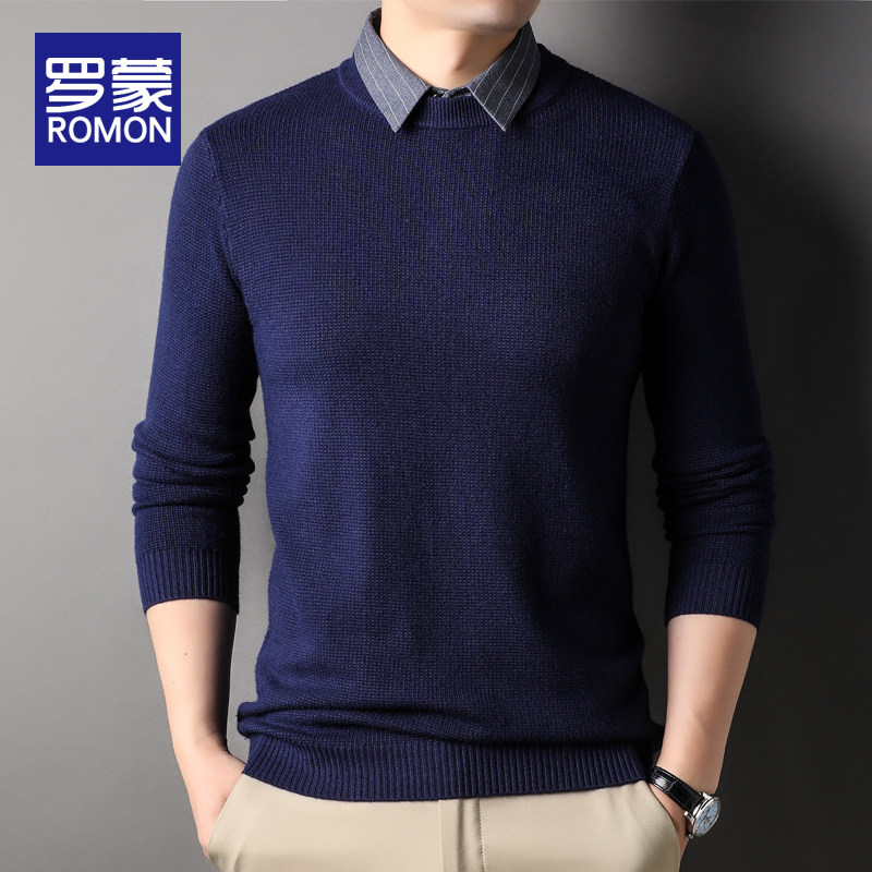 罗蒙秋冬季假两件衬衫领毛衣男士2023新款上衣带领韩版潮流针织衫