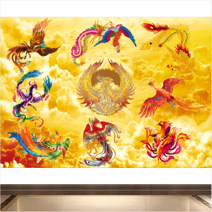 九凤凰金凤凰墙贴画旺业聚财风水画招财神鸟画佛堂背景装饰画凤凰