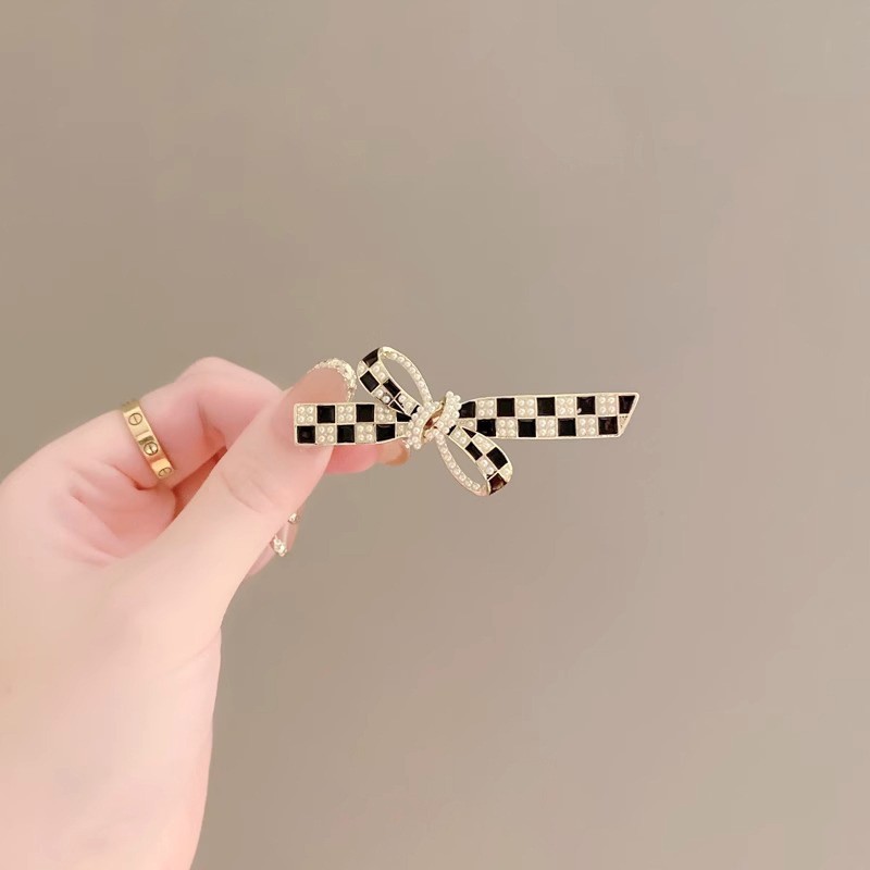 新款棋盘格蝴蝶结高级感发卡