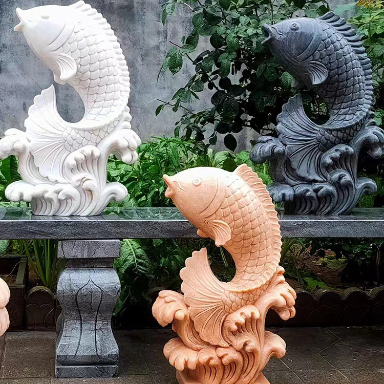 石雕喷水鱼雕塑天然晚霞红石头吐水鲤鱼鱼池流水摆件景观庭院装饰