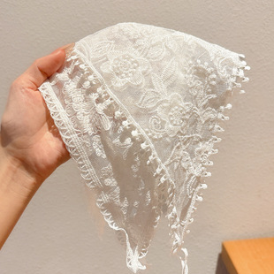 三角巾头巾批发发带包头法式 网红花朵夏女田园风白色蕾丝 头巾时尚